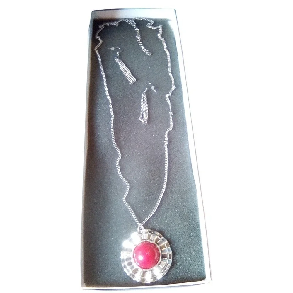 Silver Tone Necklace & Drop Earrings Set with Red Stone Fashion Jewelry gift box